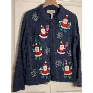 Tiara International Women’s Sz S  Multiple Santas Blue Ugly Christmas Sweater